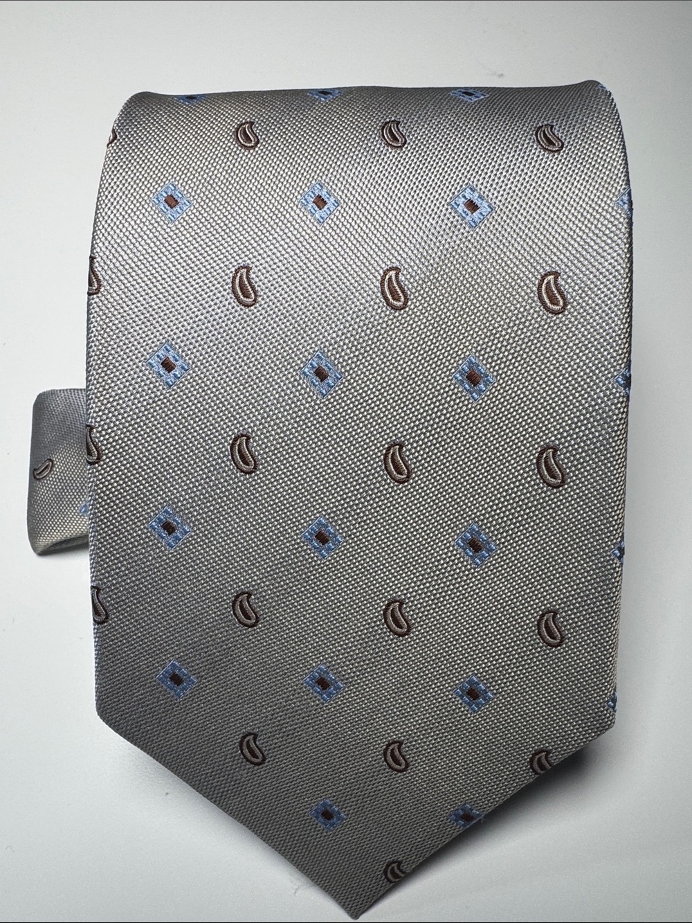 Massini Silver Tie with Blue and Brown Motif - Hand Made in Italy